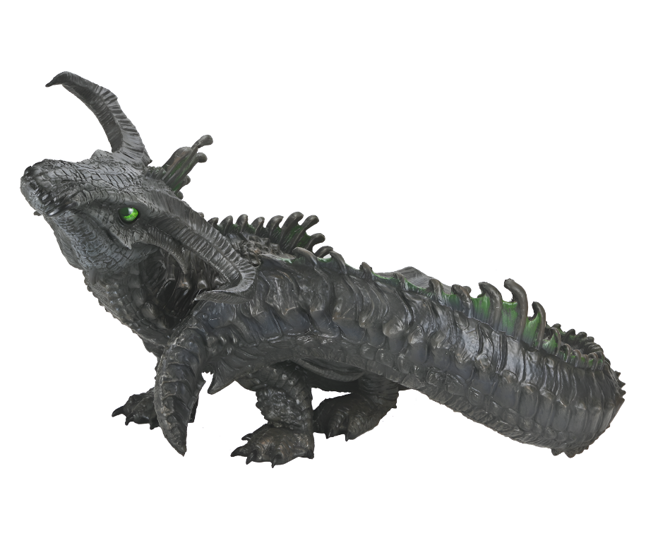Black Dragon Wyrmling foam figure, featuring detailed scales, horns, and glowing green eyes, ideal for D&D enthusiasts.