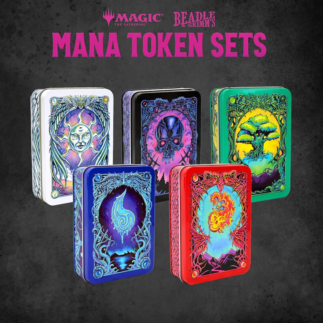 Colorful tins of Beadle & Grimm's Mana Token Collectors Set for Magic: The Gathering, featuring unique artwork and designs.