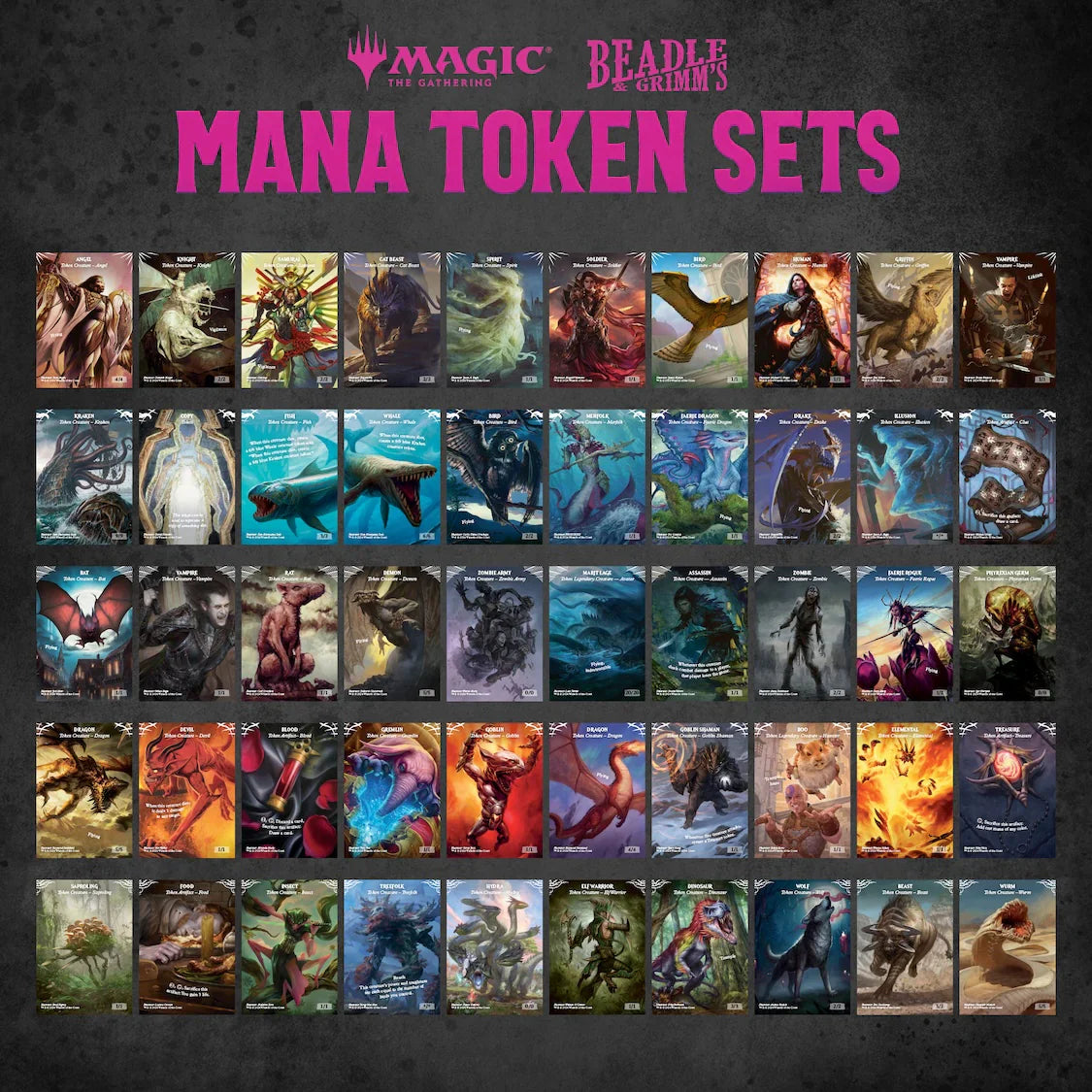 A collection of 60 unique Mana tokens from Magic: The Gathering, featuring diverse artwork and character designs.