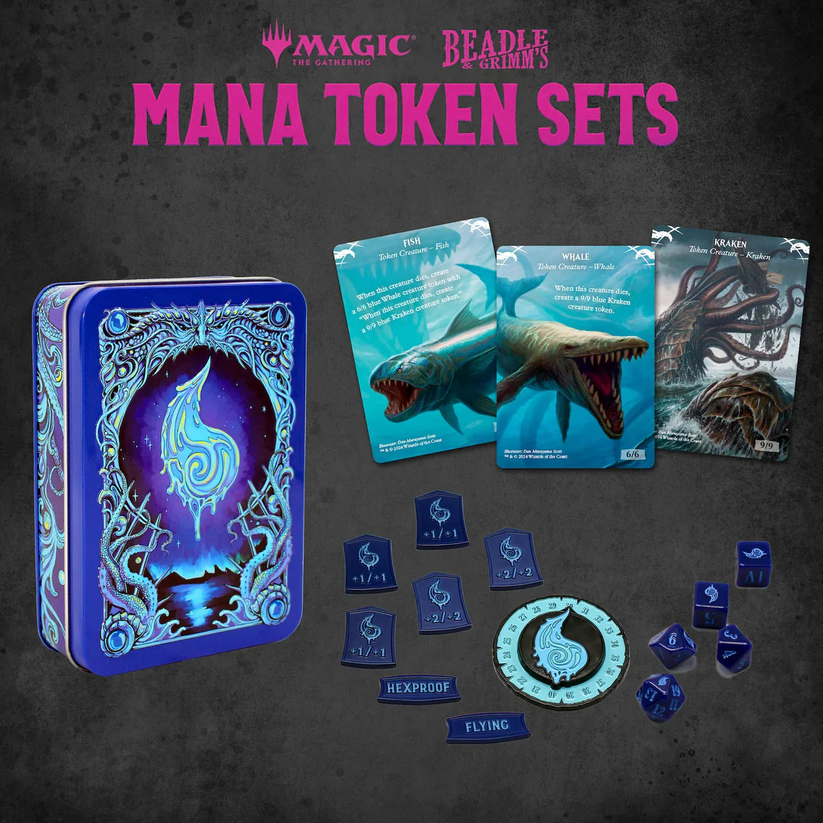 Beadle & Grimm's Magic: The Gathering Mana Token Collectors Set featuring a decorative tin, tokens, and illustrated cards.