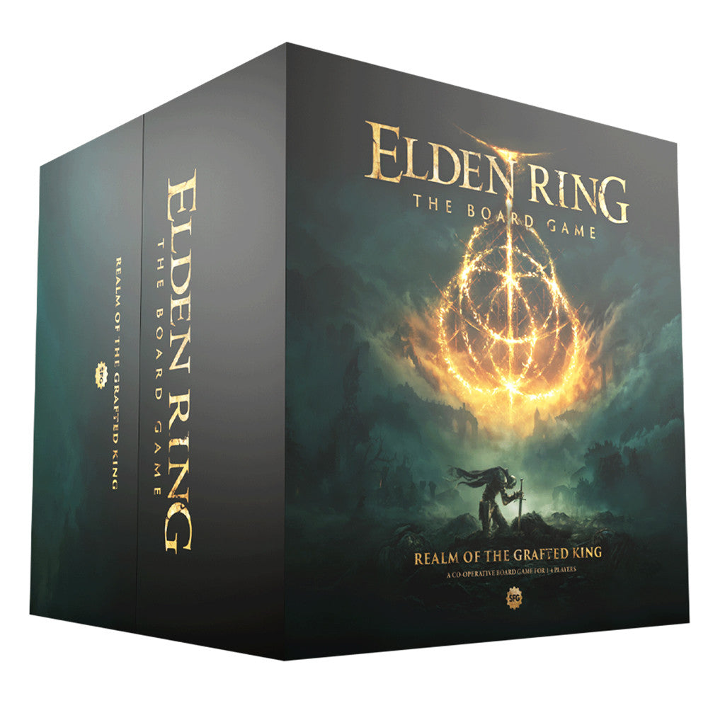 Elden Ring: Realm of the Grafted King board game box featuring intricate artwork and title branding.