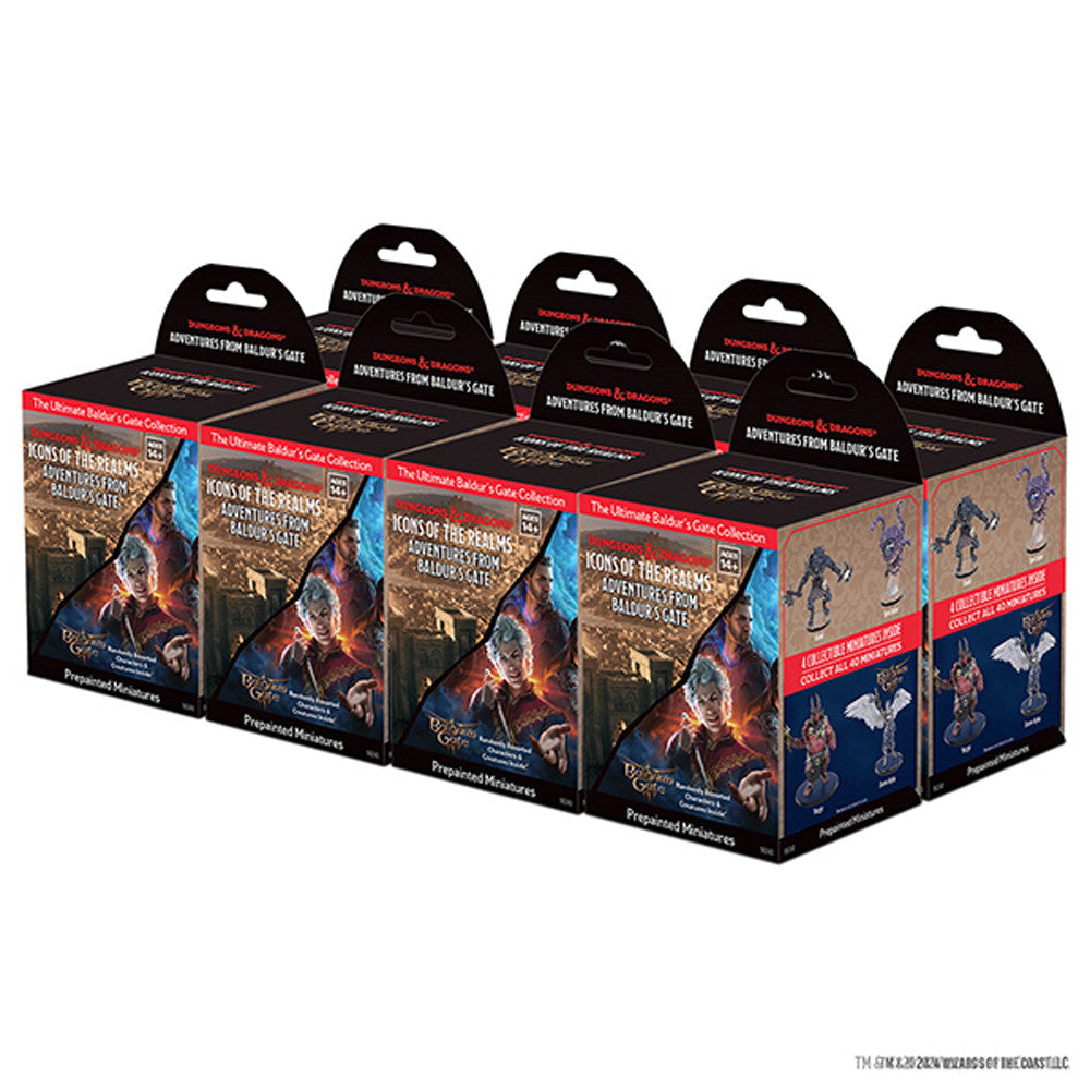 Eight booster boxes of D&D Icons of the Realms: Adventures From Baldur's Gate, featuring detailed miniatures.